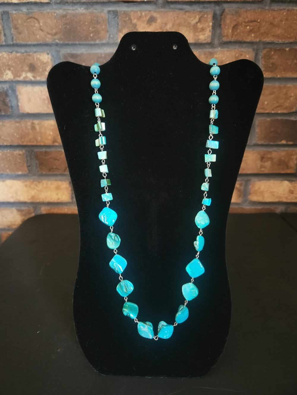 Glossy Faux Turquoise Necklace Abstract Square and Round Beads
